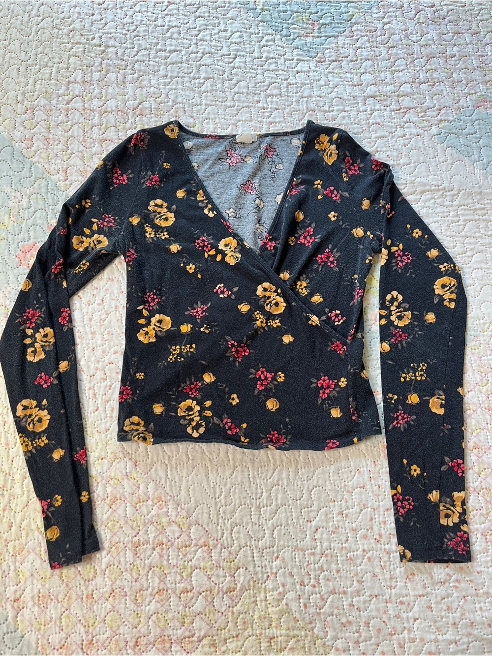 *Free with $20 Purchase* Floral Faux-Wrap Long Sleeve Top